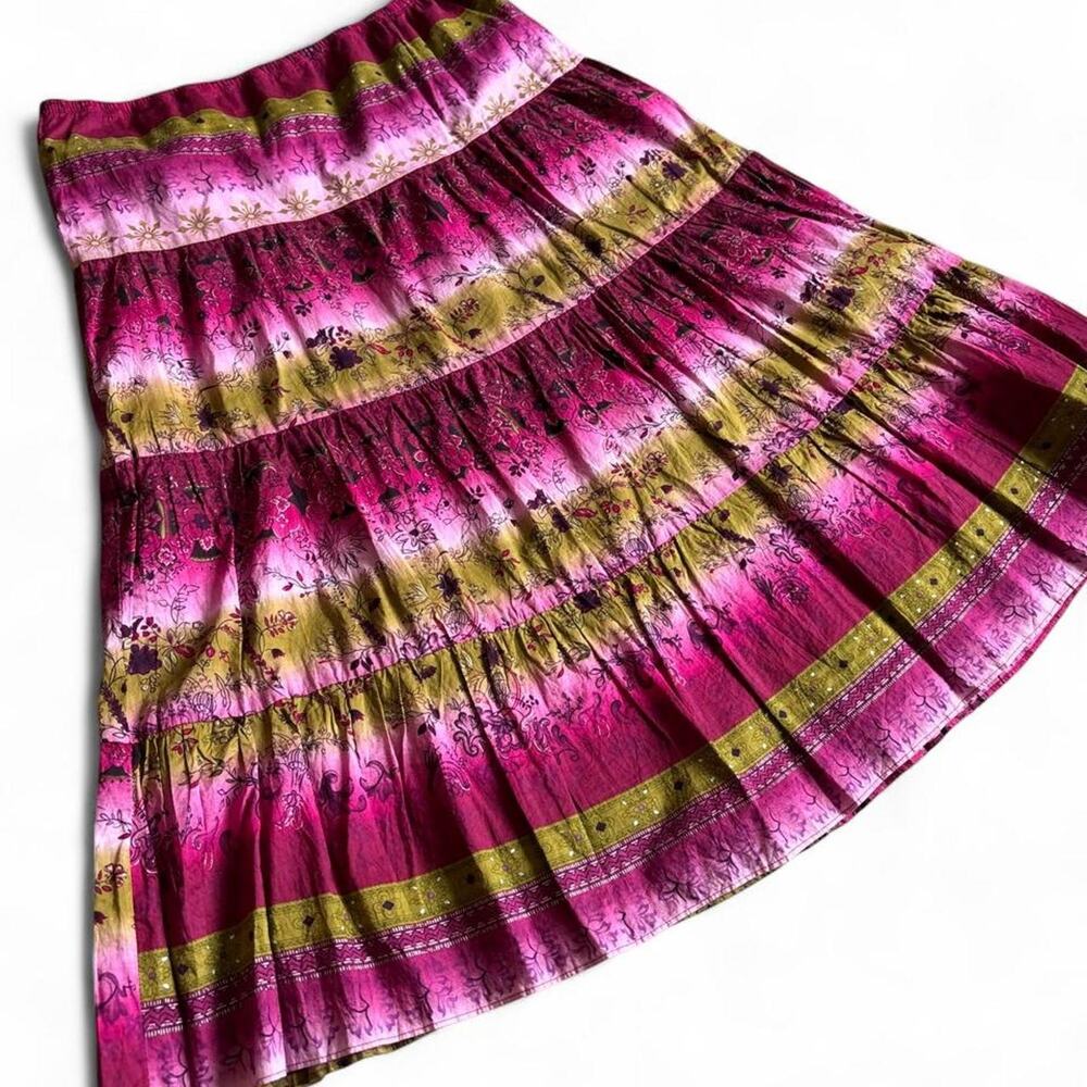 Y2K Boho Pink Tiered Midi Skirt – Whimsy S/M